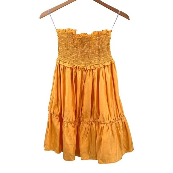 Lovers + Friends Gold Smocked Strapless Mini Doll Dress Size Medium - Picture 5 of 8
